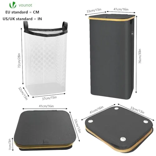 VOUNOT ▫️ ® Cesto para roupa suja de 100 L com rodas, cesto para a roupa suja, balde para roupa suja com tampa e pegas de bambu, cesto para roupa dobrável com saco interior removível, cinzento 5