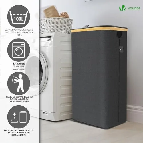 VOUNOT ▫️ ® Cesto para roupa suja de 100 L com rodas, cesto para a roupa suja, balde para roupa suja com tampa e pegas de bambu, cesto para roupa dobrável com saco interior removível, cinzento 6
