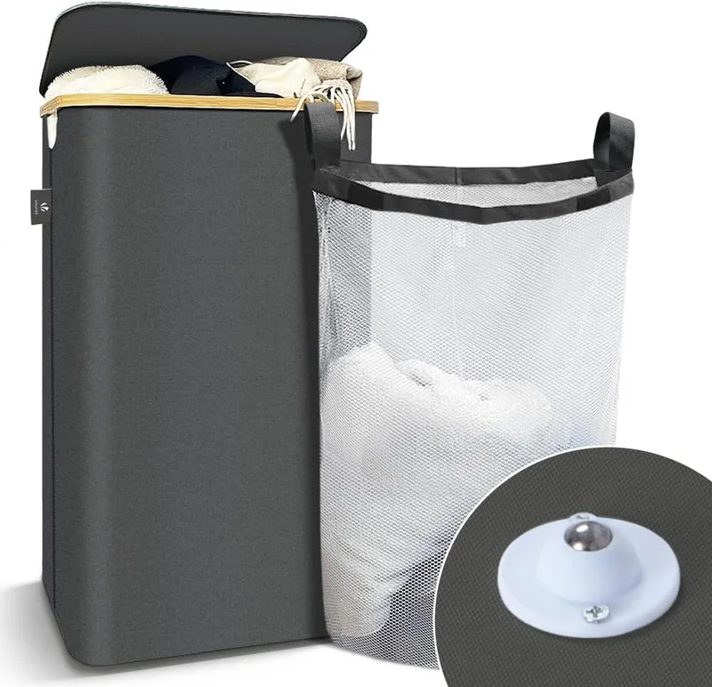 VOUNOT ▫️ ® Cesto para roupa suja de 100 L com rodas, cesto para a roupa suja, balde para roupa suja com tampa e pegas de bambu, cesto para roupa dobrável com saco interior removível, cinzento