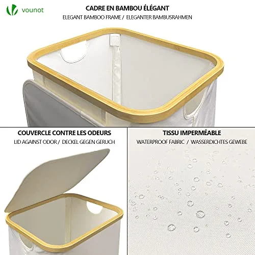 VOUNOT ▫️ ® Cesto para Roupa Suja de 100 L com Rodas, Cesto para a Lavandaria, Balde para Roupa Suja com Tampa e Alças de Bambu, Cesto para Roupa Dobrável com Saco Interior Removível, Bege 2