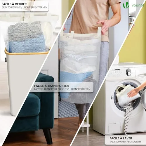 VOUNOT ▫️ ® Cesto para Roupa Suja de 100 L com Rodas, Cesto para a Lavandaria, Balde para Roupa Suja com Tampa e Alças de Bambu, Cesto para Roupa Dobrável com Saco Interior Removível, Bege 3