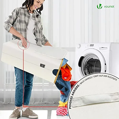 VOUNOT ▫️ ® Cesto para Roupa Suja de 100 L com Rodas, Cesto para a Lavandaria, Balde para Roupa Suja com Tampa e Alças de Bambu, Cesto para Roupa Dobrável com Saco Interior Removível, Bege 4