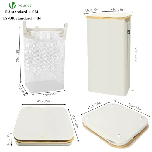 VOUNOT ▫️ ® Cesto para Roupa Suja de 100 L com Rodas, Cesto para a Lavandaria, Balde para Roupa Suja com Tampa e Alças de Bambu, Cesto para Roupa Dobrável com Saco Interior Removível, Bege 5