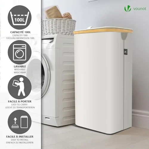 VOUNOT ▫️ ® Cesto para Roupa Suja de 100 L com Rodas, Cesto para a Lavandaria, Balde para Roupa Suja com Tampa e Alças de Bambu, Cesto para Roupa Dobrável com Saco Interior Removível, Bege 6
