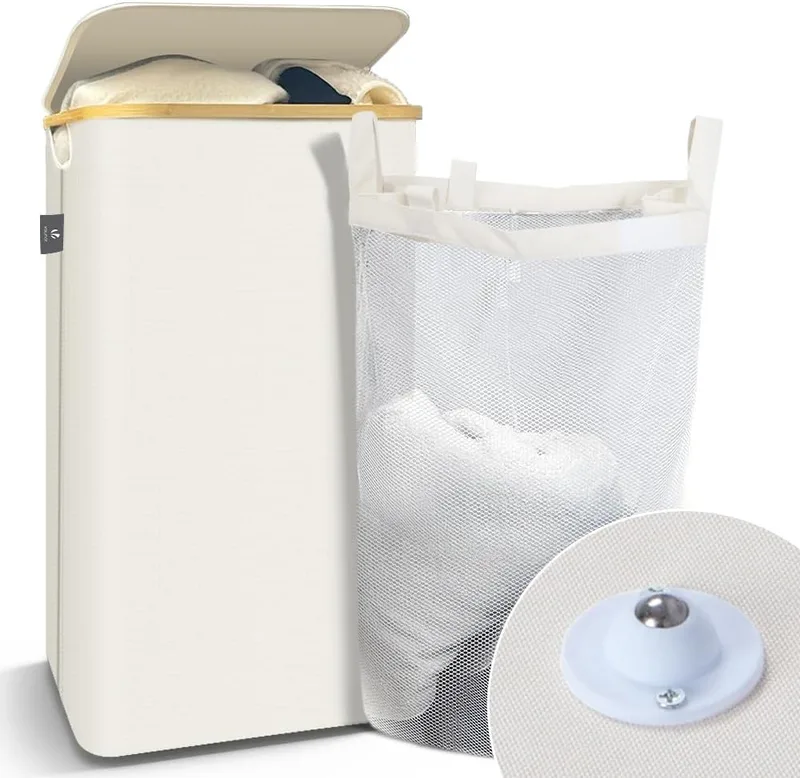 VOUNOT ▫️ ® Cesto para Roupa Suja de 100 L com Rodas, Cesto para a Lavandaria, Balde para Roupa Suja com Tampa e Alças de Bambu, Cesto para Roupa Dobrável com Saco Interior Removível, Bege