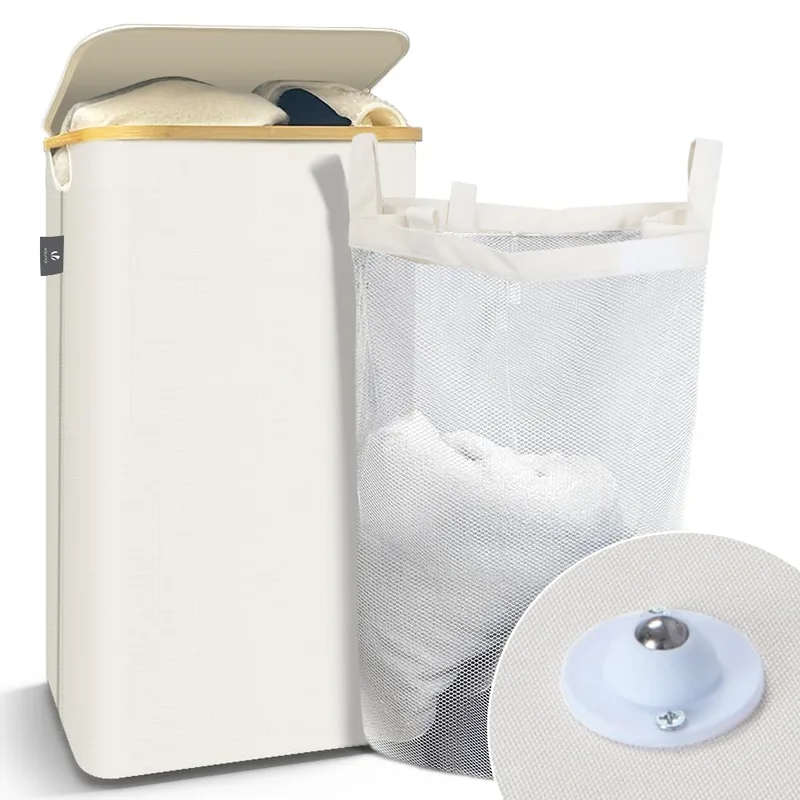 VOUNOT ▫️ ® Cesto para roupa suja de 100 L com rodas, cesto para a roupa suja, balde para roupa suja com tampa e pegas de bambu, cesto dobrável para roupa suja com saco interior removível, bege