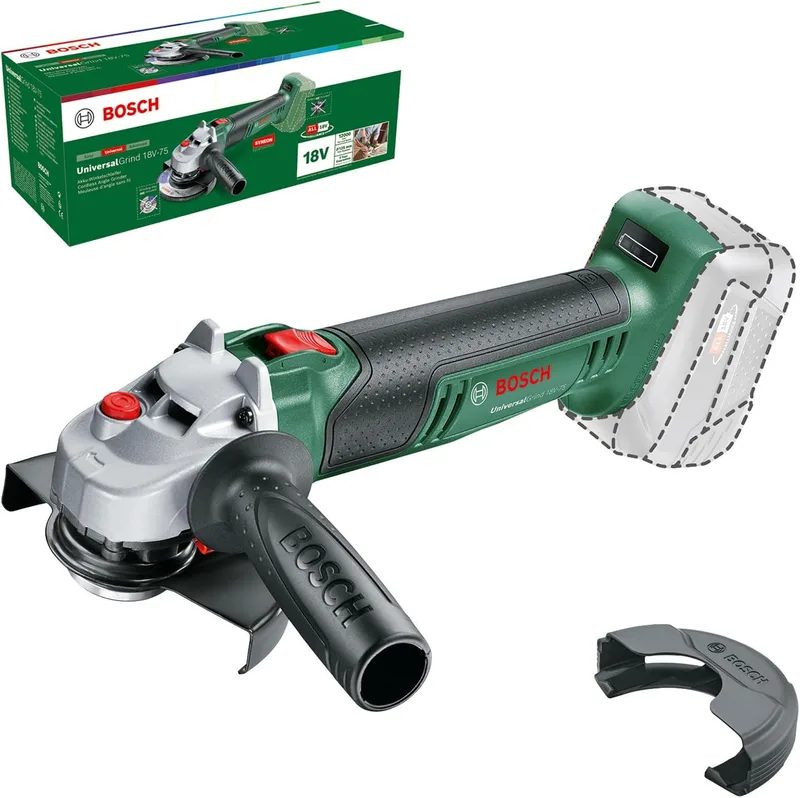 Bosch ▫️ Rectificadora a bateria UniversalGrind 18V-75 (sem bateria; sistema de 18 Volt; para retificar, cortar, aplainar e lixar vários materiais; 125 mm de diâmetro; em embalagem de cartão)
