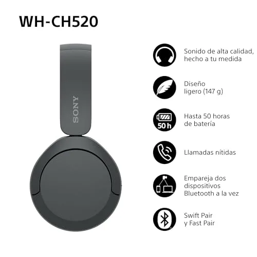 Sony ▫️ WH-CH520, Auscultadores sem fios Bluetooth com aros, design leve, 50 horas de autonomia, carregamento rápido, equalizador, chamadas nítidas, compatíveis com iOS e Android - Preto 3