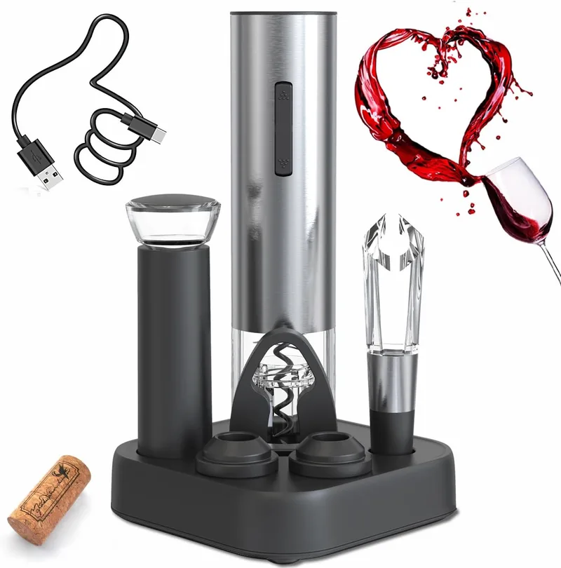 ZOYIDOUX ▫️ Conjunto de oferta de saca-rolhas elétrico recarregável 8 em 1, abridor de vinho elétrico com base de carregamento, cortador de cápsulas, bomba de vácuo, 2 rolhas de vinho a vácuo, esguicho de vinho, cabo USB-C