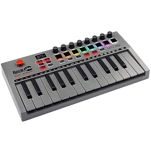 RockJam ▫️ Go - Controlador de teclado MIDI USB e Bluetooth de 25 teclas com 8 pads de bateria retroiluminados e 8 botões giratórios 2