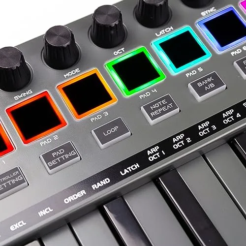RockJam ▫️ Go - Controlador de teclado MIDI USB e Bluetooth de 25 teclas com 8 pads de bateria retroiluminados e 8 botões giratórios 4