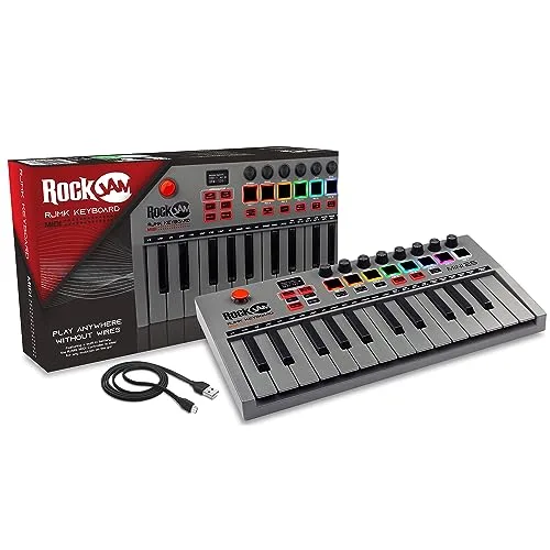 RockJam ▫️ Go - Controlador de teclado MIDI USB e Bluetooth de 25 teclas com 8 pads de bateria retroiluminados e 8 botões giratórios 7