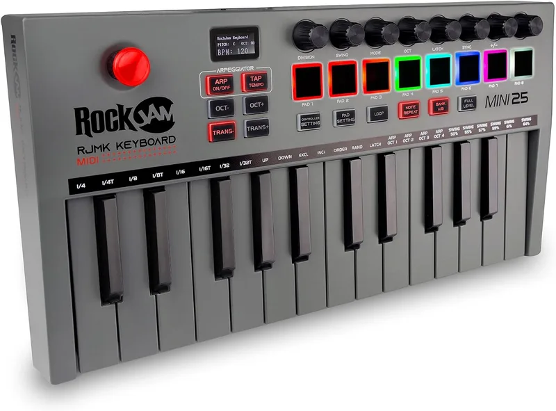 RockJam ▫️ Go - Controlador de teclado MIDI USB e Bluetooth de 25 teclas com 8 pads de bateria retroiluminados e 8 botões giratórios