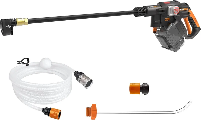 WORX ▫️ Máquina de limpeza a pressão a bateria WG633E.9, 56 bar, 220 L/h, acessórios, cor preta e laranja, sem bateria nem carregador