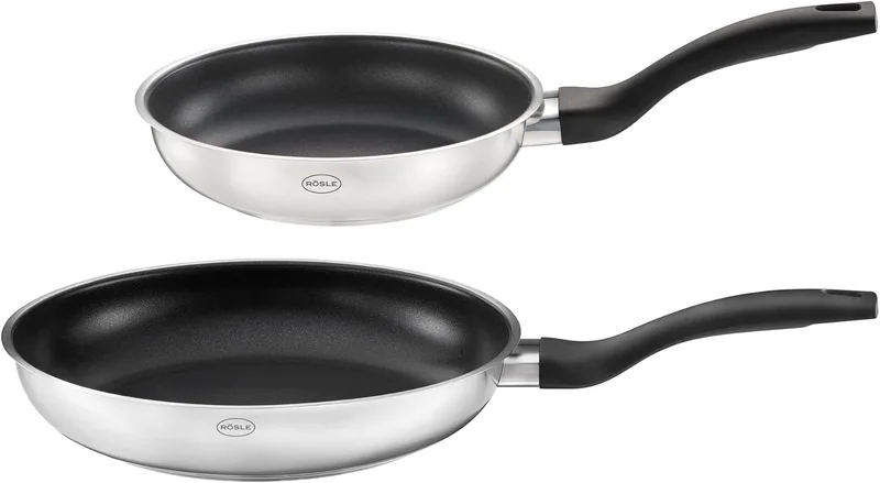 RÖSLE ▫️ Basic Line - Conjunto de frigideiras com 20 cm e 24 cm de diâmetro, com revestimento antiaderente ProPlex em aço inoxidável 18/10, nas cores prateado e preto