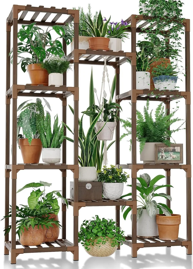 Bamworld ▫️ Suporte para plantas. Estante para plantas de interior e exterior. Estante para pendurar várias plantas, floreira alta de madeira para sala de estar, pátio, varanda, jardim, castanha