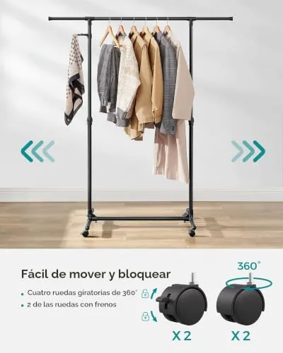 SONGMICS ▫️ Cabideiro com Rodas, Cabideiro para Roupa, Altura Ajustável 97-165 cm, Barra Extensível, Ganchos Laterais para Acessórios, Preto LLR001B01 4