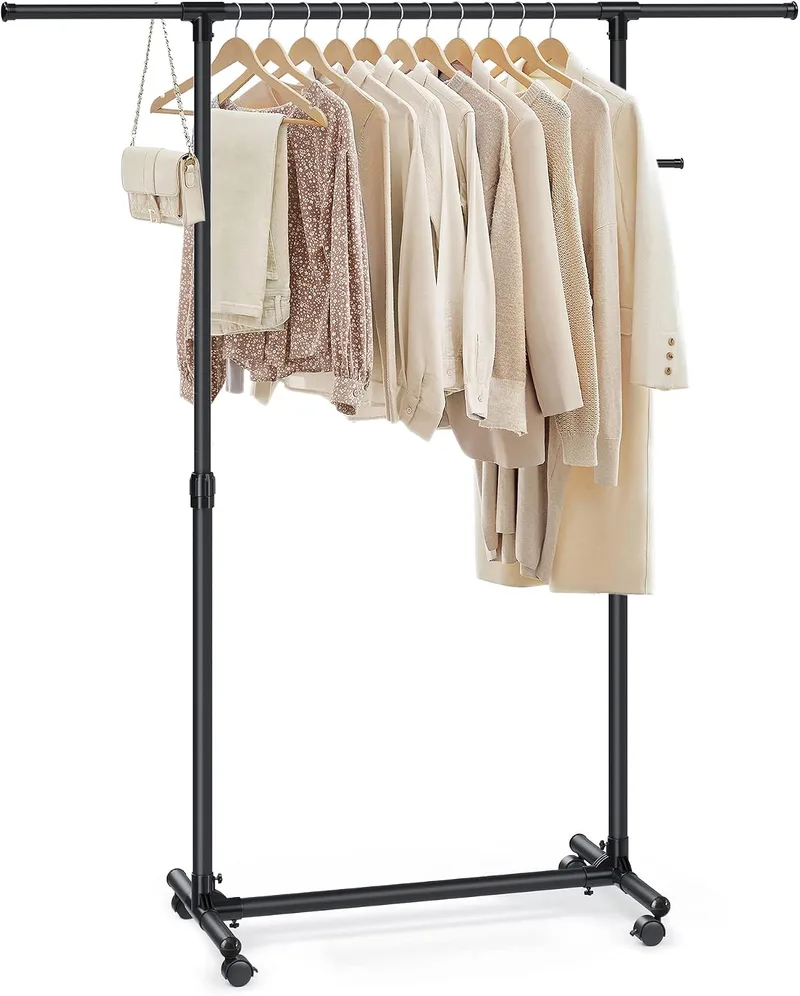 SONGMICS ▫️ Cabideiro com Rodas, Cabideiro para Roupa, Altura Ajustável 97-165 cm, Barra Extensível, Ganchos Laterais para Acessórios, Preto LLR001B01