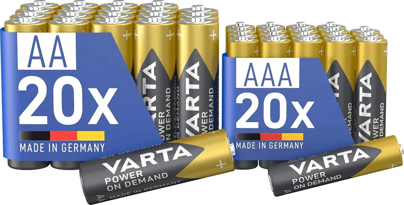 Varta ▫️ Pilhas 20x AA e 20x AAA, pacote misto, embalagem de 40 unidades, Power On Demand, alcalinas, embalagem de armazenamento, para acessórios de computador, para Smart Home, Fabricadas na Alemanha (Exclusivo na Amazon) | 20 pilhas Mignon LR6 e 20 pilhas Micro LR03 de 1,5 V, fabricadas na Alemanh