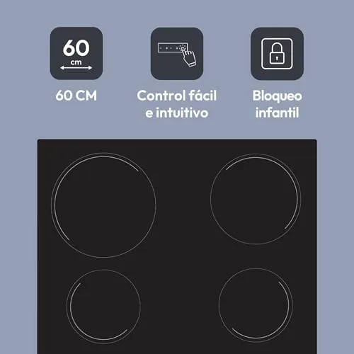 CANDY ▫️ Idea CH64CCB 4U2 Placa vitrocerâmica de 4 bicos, 60 cm, 10 níveis de potência, 6,5 kW, botões centrais, indicador de calor, bloqueio de segurança, alerta de sobreaquecimento e derrames, preto 2