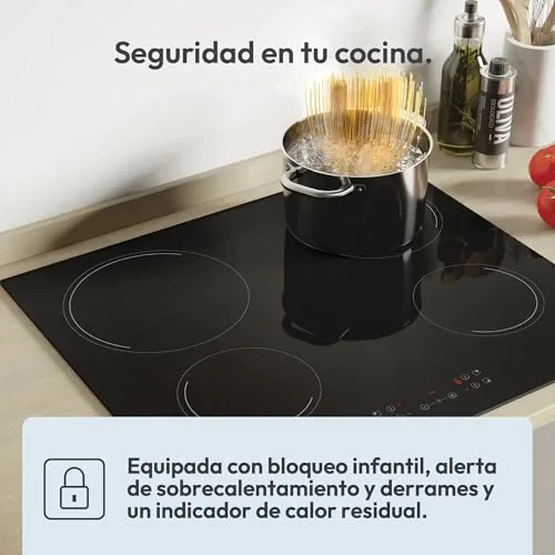 CANDY ▫️ Idea CH64CCB 4U2 Placa vitrocerâmica de 4 bicos, 60 cm, 10 níveis de potência, 6,5 kW, botões centrais, indicador de calor, bloqueio de segurança, alerta de sobreaquecimento e derrames, preto 3