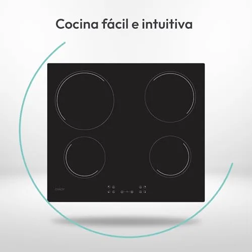 CANDY ▫️ Idea CH64CCB 4U2 Placa vitrocerâmica de 4 bicos, 60 cm, 10 níveis de potência, 6,5 kW, botões centrais, indicador de calor, bloqueio de segurança, alerta de sobreaquecimento e derrames, preto 5