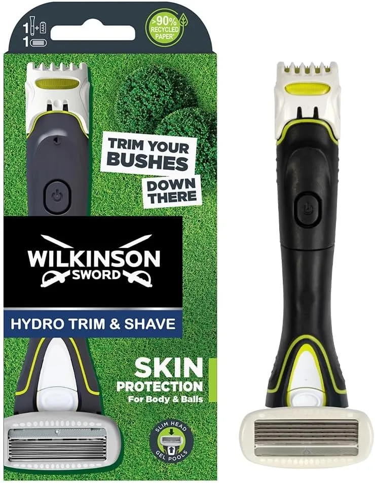 Wilkinson Sword ▫️ Wilkinson - Hydro Trimmer - Body &Balls - Máquina de barbear eléctrica 2 em 1 para homem - 3 regulações - cabeça aparadora de 5 lâminas com gel de aloé vera