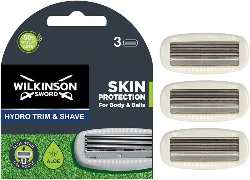 Wilkinson Sword ▫️ Wilkinson - Hydro Trimmer - Body &Balls - 3 recargas de lâminas para máquina de barbear eléctrica - Proteção da pele para homem com gel de aloé vera