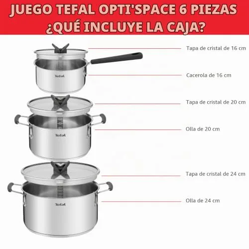 Tefal ▫️ G7376S Opti'Space - Conjunto de panelas (6 peças, 16 cm (com tampa), 20/24 cm (com tampa), aço inoxidável, base termofusível, adequado para todos os tipos de fogões, incluindo indução, cor cinzenta) 2