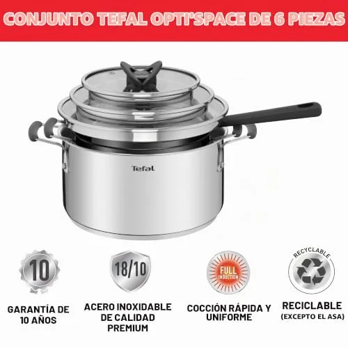 Tefal ▫️ G7376S Opti'Space - Conjunto de panelas (6 peças, 16 cm (com tampa), 20/24 cm (com tampa), aço inoxidável, base termofusível, adequado para todos os tipos de fogões, incluindo indução, cor cinzenta) 3