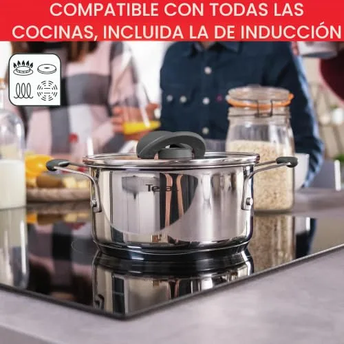 Tefal ▫️ G7376S Opti'Space - Conjunto de panelas (6 peças, 16 cm (com tampa), 20/24 cm (com tampa), aço inoxidável, base termofusível, adequado para todos os tipos de fogões, incluindo indução, cor cinzenta) 4