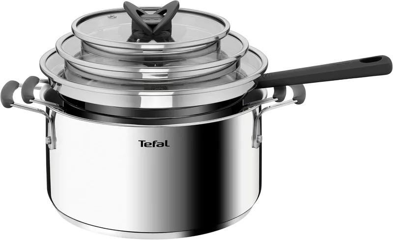Tefal ▫️ G7376S Opti'Space - Conjunto de panelas (6 peças, 16 cm (com tampa), 20/24 cm (com tampa), aço inoxidável, base termofusível, adequado para todos os tipos de fogões, incluindo indução, cor cinzenta)