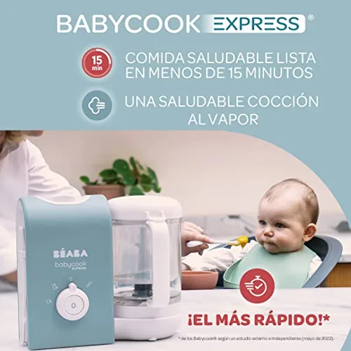 Béaba ▫️ BEABA, Babycook Express, Robot de Cozinha para Bebés 4 em 1: batedeira, cozedura rápida em 15 minutos, mistura personalizada, cozedura a vapor suave e saudável, descongelação, textura homogénea, capacidade de 1250 ml, Verde 2