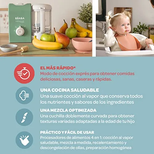 Béaba ▫️ BEABA, Babycook Express, Robot de Cozinha para Bebés 4 em 1: batedeira, cozedura rápida em 15 minutos, mistura personalizada, cozedura a vapor suave e saudável, descongelação, textura homogénea, capacidade de 1250 ml, Verde 3