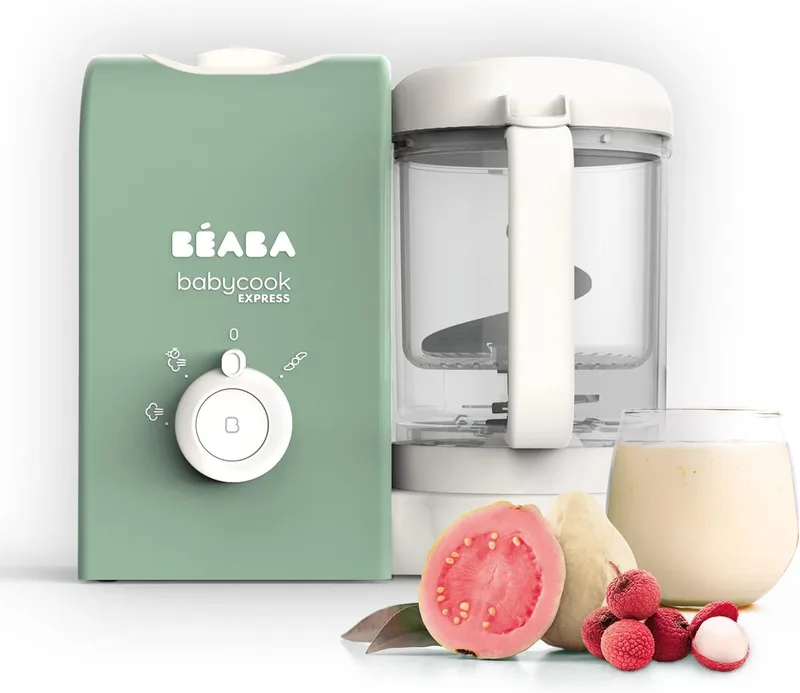 Béaba ▫️ BEABA, Babycook Express, Robot de Cozinha para Bebés 4 em 1: batedeira, cozedura rápida em 15 minutos, mistura personalizada, cozedura a vapor suave e saudável, descongelação, textura homogénea, capacidade de 1250 ml, Verde