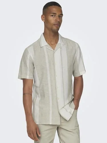 Only & Sons ▫️ Camisa de homem de manga curta, gola Resort, botões, linho, top de verão 3