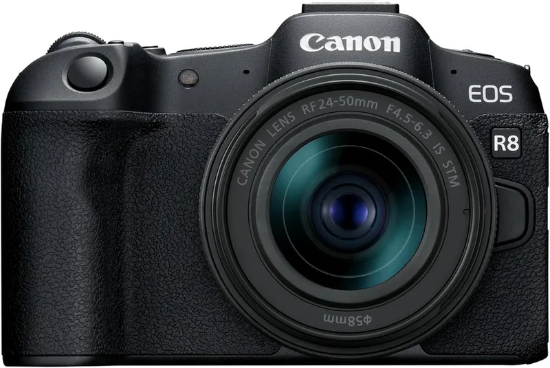 Câmara sem espelho CANON EOS R8 + objetiva RF 24-50 mm F4.5-6.3 IS STM, câmara maléfica Full Frame (24,2 MP) -6,5 EV, vídeo 4K 60 fps, Dual Pixel CMOS AF II, ecrã tátil de ângulo variável, preto