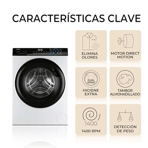 Haier ▫️ Série I-Pro 3 HW80-B14939-IB- Máquina de lavar roupa de carregamento frontal, 8 kg, função de vapor, motor Direct Motion, tratamento antibacteriano, 1400 RPM, fim do ciclo programável, detetor automático de peso, 15 programas, branca 4
