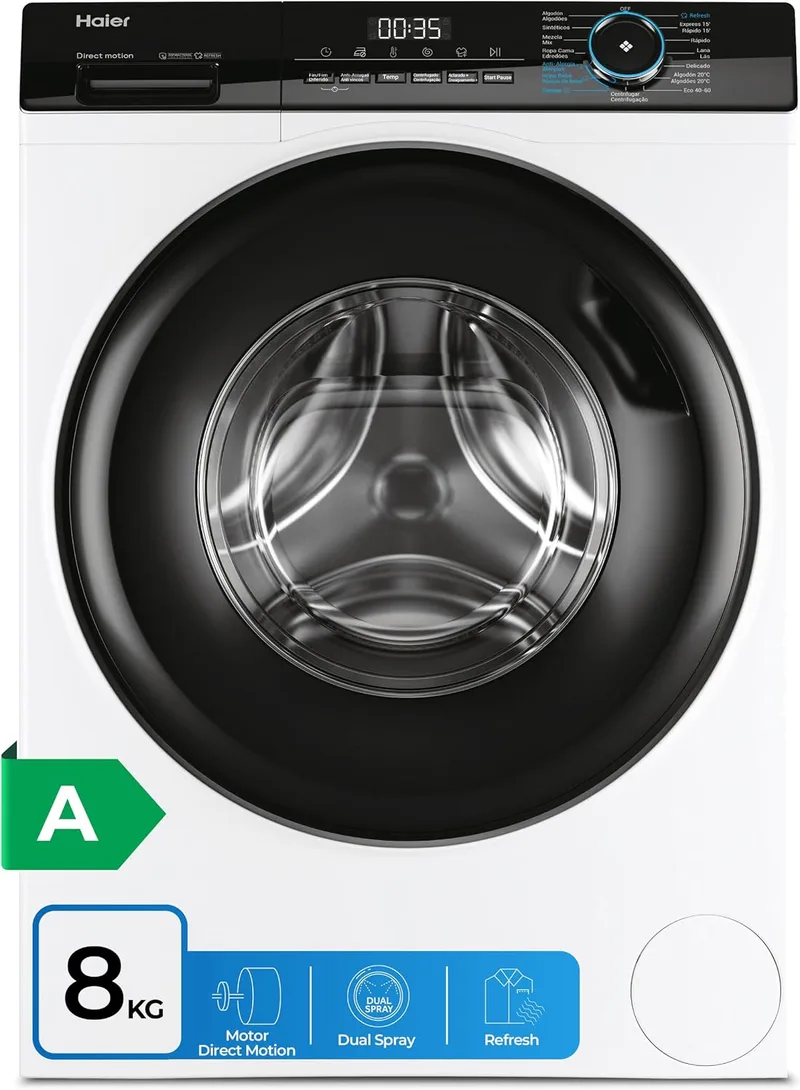 Haier ▫️ Série I-Pro 3 HW80-B14939-IB- Máquina de lavar roupa de carregamento frontal, 8 kg, função de vapor, motor Direct Motion, tratamento antibacteriano, 1400 RPM, fim do ciclo programável, detetor automático de peso, 15 programas, branca