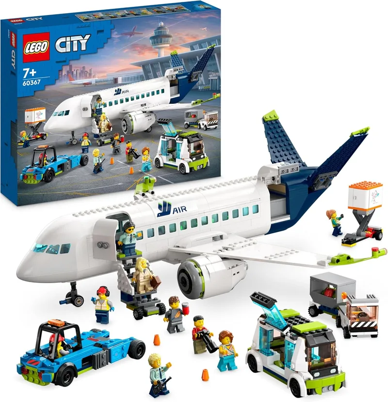 LEGO ▫️ 60367 City Avião de Passageiros, Brinquedo de Construção de Avião Grande com Veículos para o Pessoal de Terra do Aeroporto: Autocarro de Ligação, Rebocador, Camião de Bagagem e 9 Minifiguras