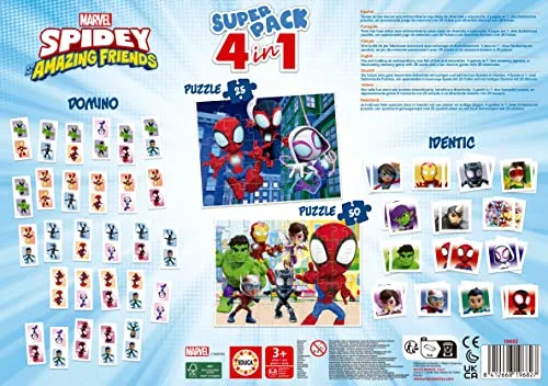 Educa ▫️ Superpack Spidey e os Seus Incríveis Amigos 4 em 1 | Puzzles, Dominó, Memory | 2 puzzles de 25 e 50 peças, dominó com 28 peças, Identic com 28 cartas | Jogo para crianças a partir dos 3 anos (19682) 3