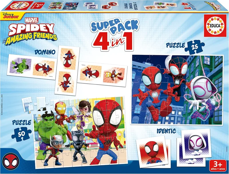Educa ▫️ Superpack Spidey e os Seus Incríveis Amigos 4 em 1 | Puzzles, Dominó, Memory | 2 puzzles de 25 e 50 peças, dominó com 28 peças, Identic com 28 cartas | Jogo para crianças a partir dos 3 anos (19682)