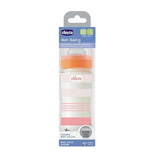 Chicco ▫️ Biberão Benessere de fluxo lento, com tetina Physio em silicone macio e acabamento Soft Sense, anticólicos, reduz a regurgitação e a irritabilidade, biberão de vidro de 240 ml, a partir dos 0 meses, para 3