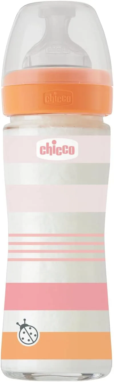 Chicco ▫️ Biberão Benessere de fluxo lento, com tetina Physio em silicone macio e acabamento Soft Sense, anticólicos, reduz a regurgitação e a irritabilidade, biberão de vidro de 240 ml, a partir dos 0 meses, para