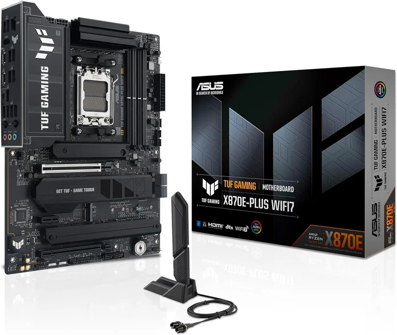 ASUS ▫️ Placa-mãe TUF Gaming X870E-PLUS WIFI7 AMD X870E ATX, VRM de 16+2+1 fases, DDR5, PCIe 5.0, Q-Release Slim, M.2, WiFi 7, USB4 Type-C, Aura Sync, AI Cooling II, AI Networking II e AI Overclocking