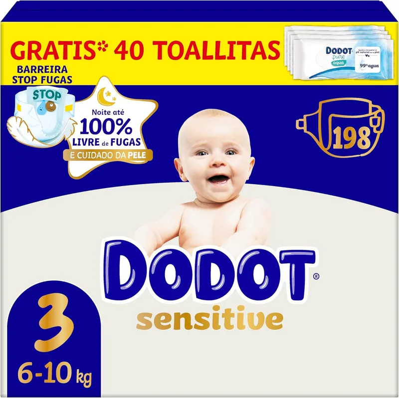 DODOT ▫️ Fraldas Sensitive para bebé, Tamanho 3 (6-10 kg), 198 fraldas + oferta de 40 toalhitas Aqua Pure com 99% de água, até 12 horas de proteção contra fugas e cuidado da pele, embalagem mensal