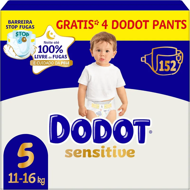 DODOT ▫️ Baby Sensitive Nappies Tamanho 5 (11-16 kg), 152 fraldas + 4 calças grátis, até 12 horas de proteção anti-fugas e cuidados da pele, embalagem mensal