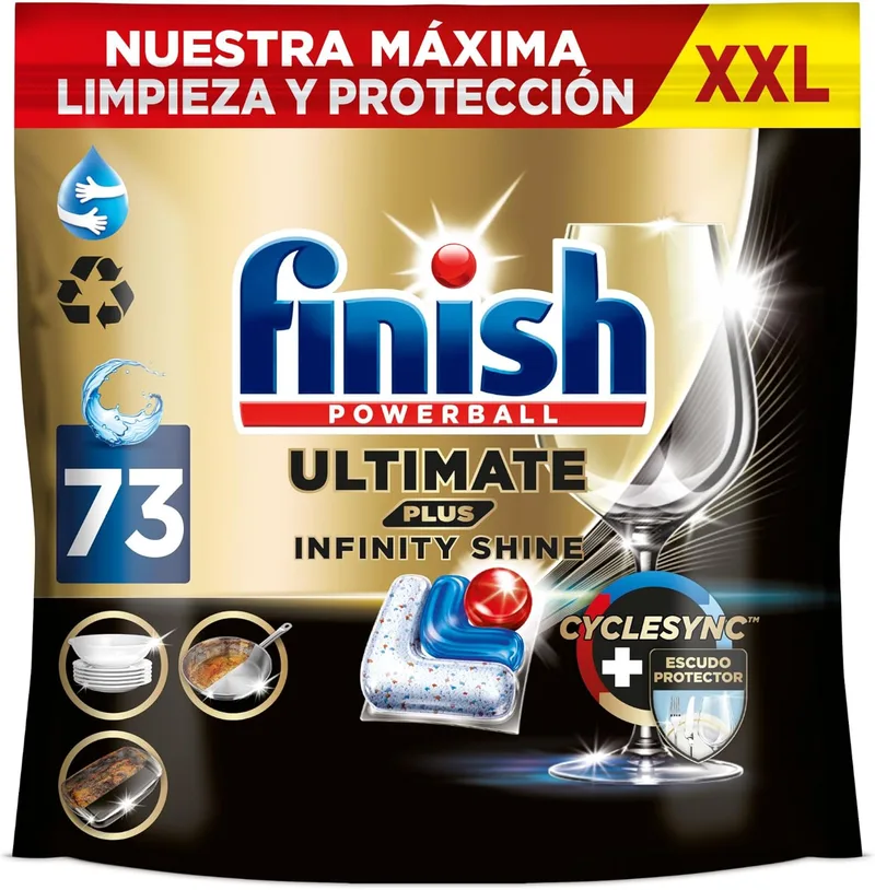 Finish ▫️ Ultimate Plus Infinity Shine, pastilhas para máquina de lavar loiça, limpeza e brilho intensivos e proteção dos vidros, 73 pastilhas