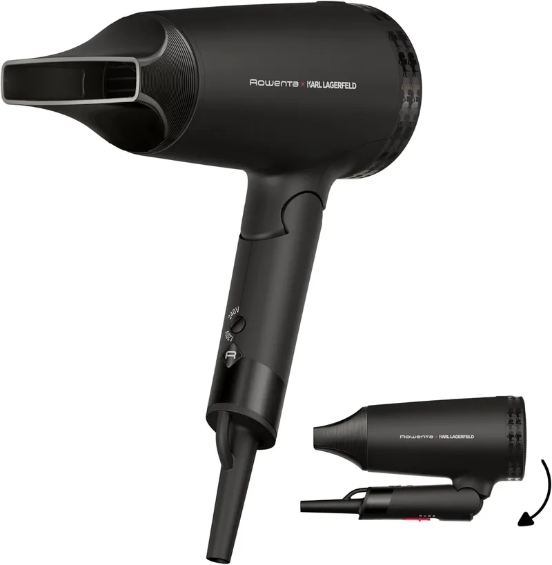 Rowenta ▫️ x Karl Lagerfeld Express Style - Tecnologia de secador de cabelo, poupança de energia, alta eficiência, concentrador, secagem fácil, sopro de ar frio, pega dobrável, voltagem dupla, CV184L