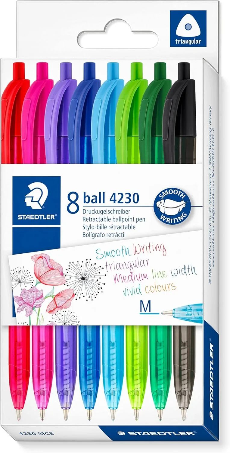 STAEDTLER ▫️ Caneta esferográfica retrátil triangular, corpo na cor da tinta, largura da linha M (aproximadamente 1 mm), para uma escrita descontraída, 8 canetas, em estojo de cartão